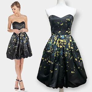 Parker Remi Black & Yellow Floral Satin Strapless Fit N Flare Cocktail Dress 2